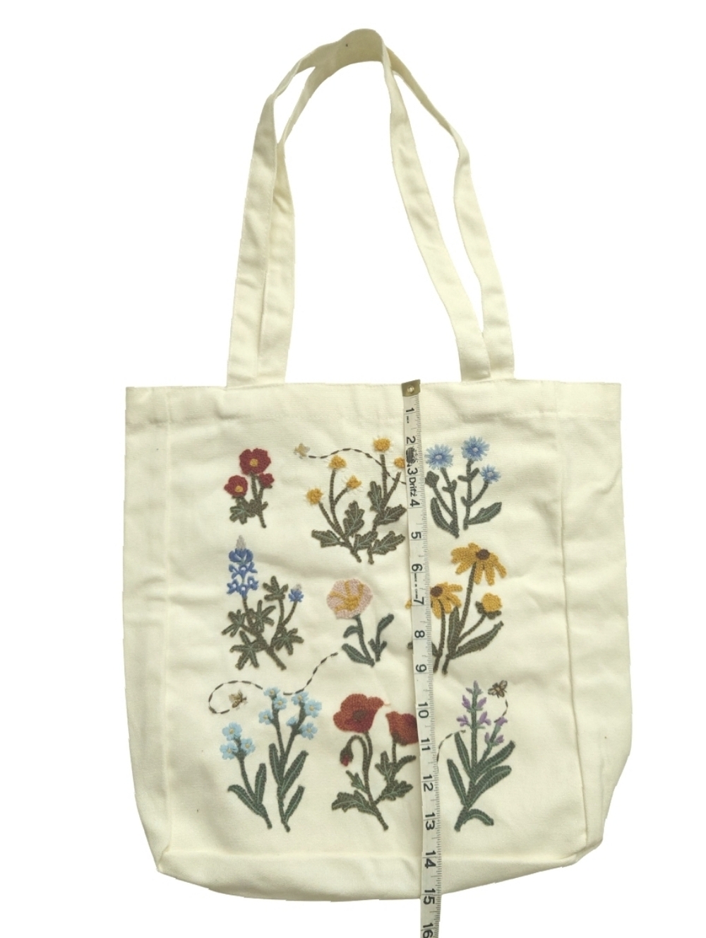 Canvas Embroidered Wildflower Floral Tote Bag Cream New - Picture 5 of 7